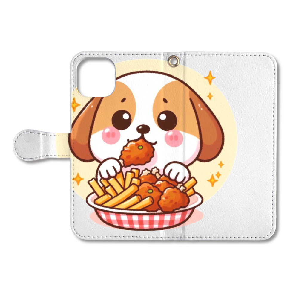Dog eating fried chicken（フライドチキンを食べる犬）-手帳型ベルト付きiPhone13