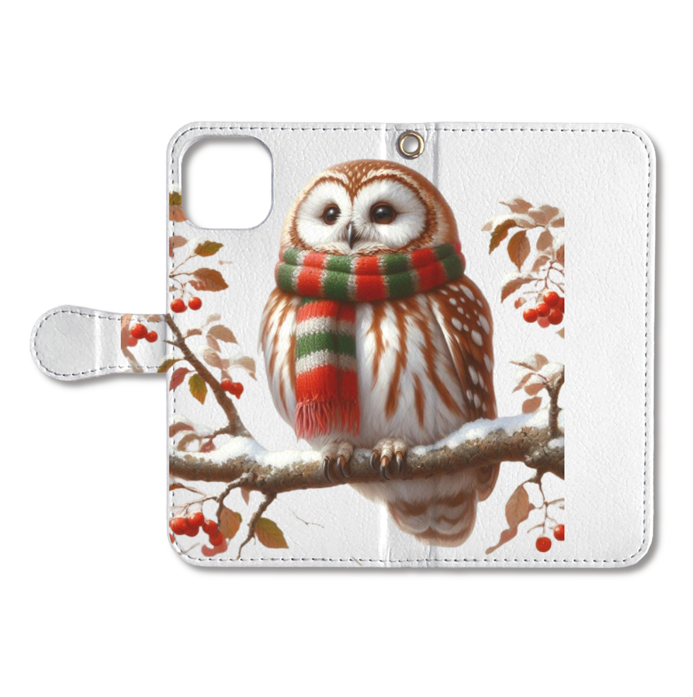 Owl with gloves（手袋をつけたフクロウ）-手帳型ベルト付きiPhone13