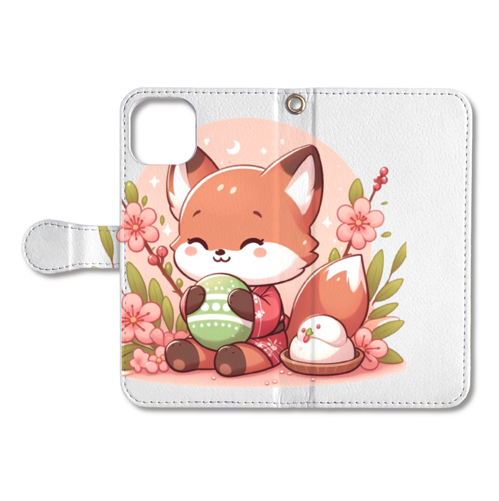 Fox eating rice cakes（お餅を食べるキツネ）-手帳型ベルト付きiPhone13