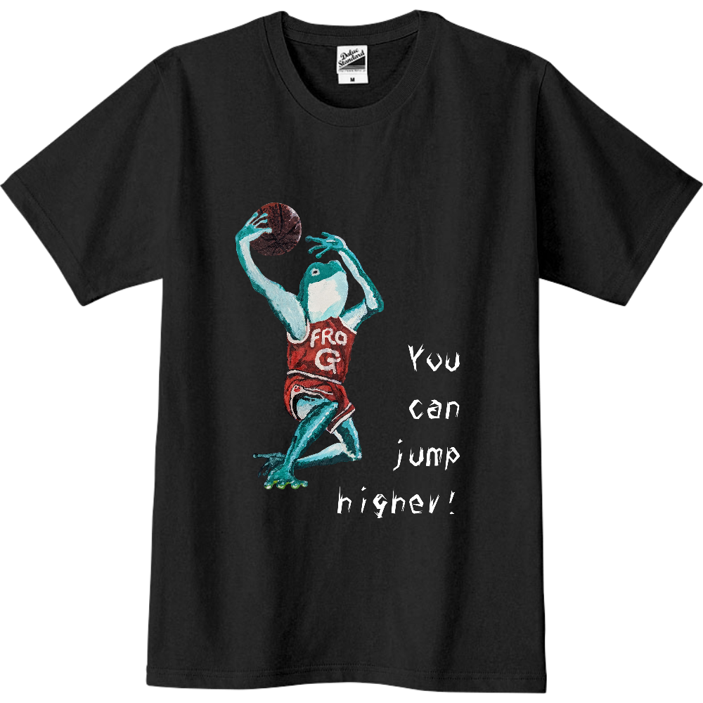 FROG NARI 蛙Tシャツ ブラック Higher! Grab it! You can jump higher. バスケット 蛙Tシャツ ジャパンフィットスリムTシャツ スポーツ カエルグッズ