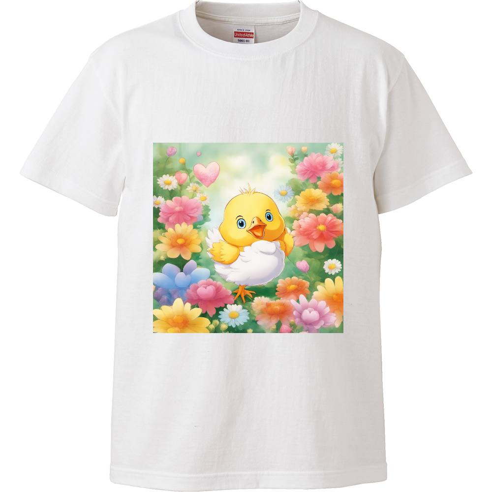 ヒヨコと花-ハイクオリティーTシャツ