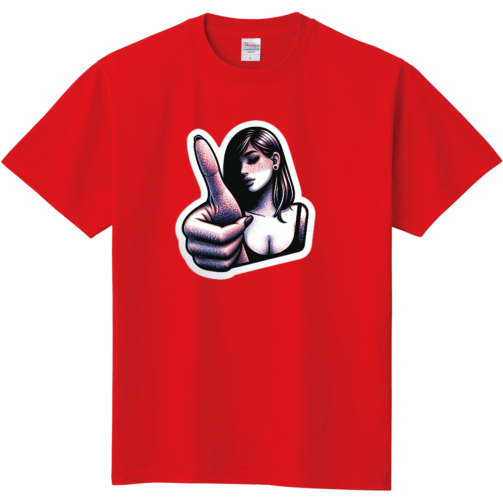 with her finger and her thumb Red