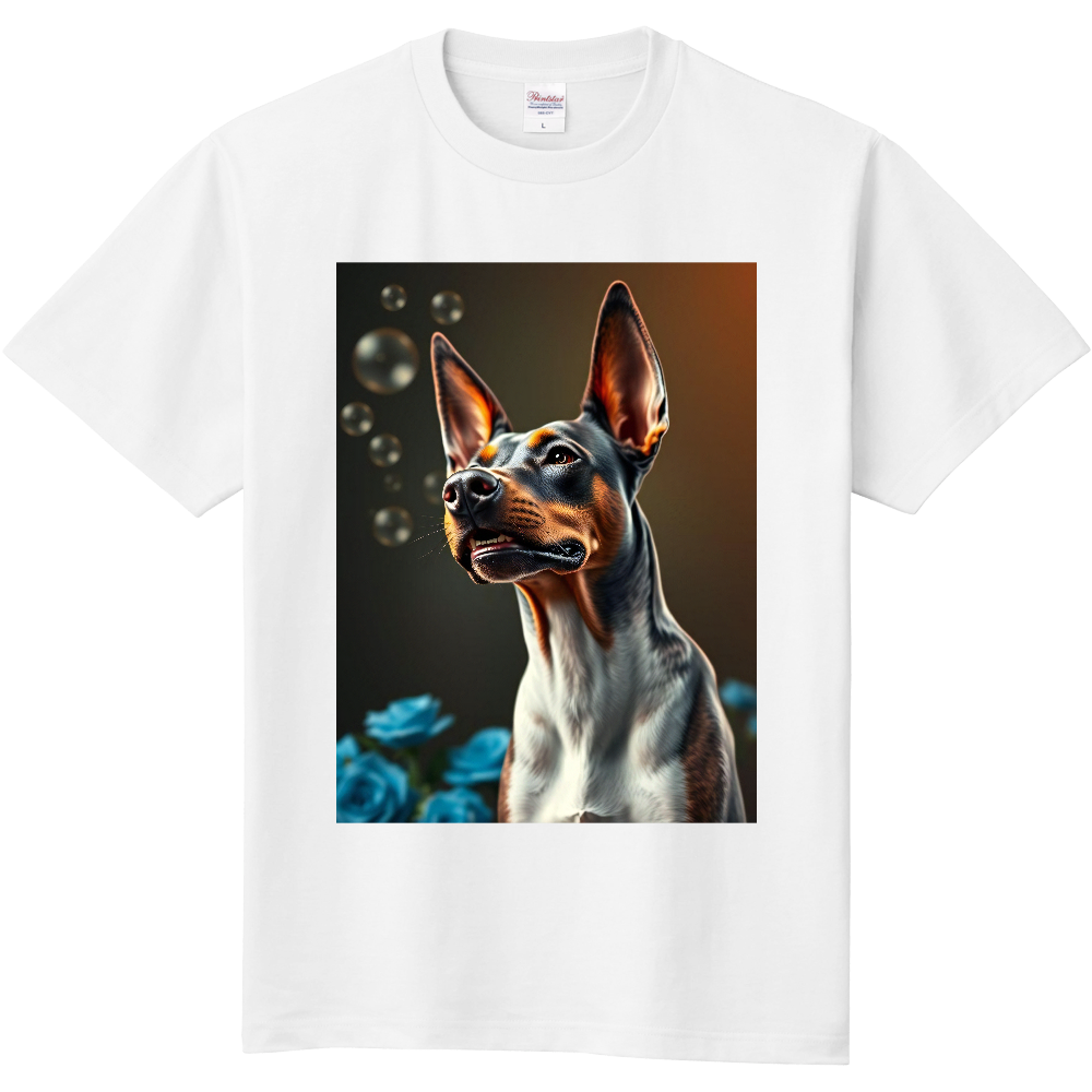 ドーベルマンと青い薔薇のTシャツ