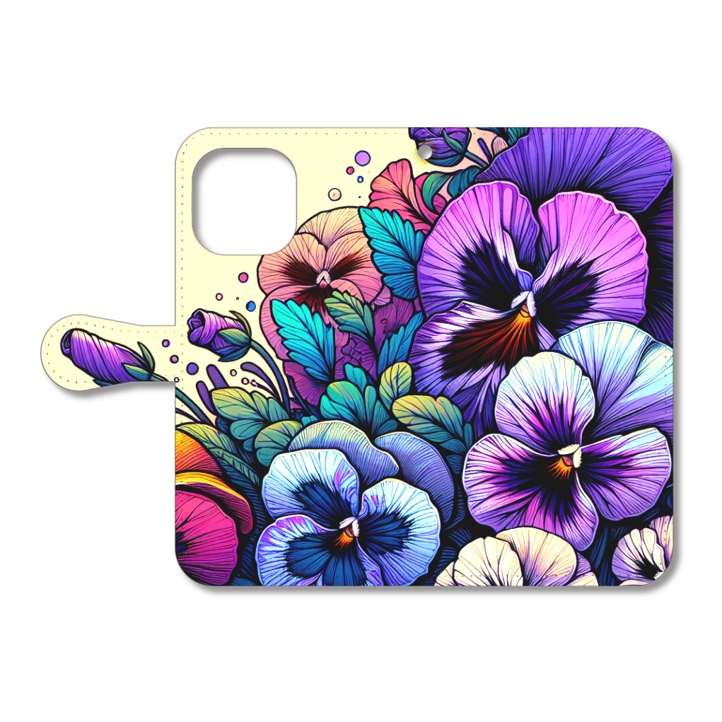パンジー　スマホケース　手帳型ベルト付き　iPhone15 Pro Max