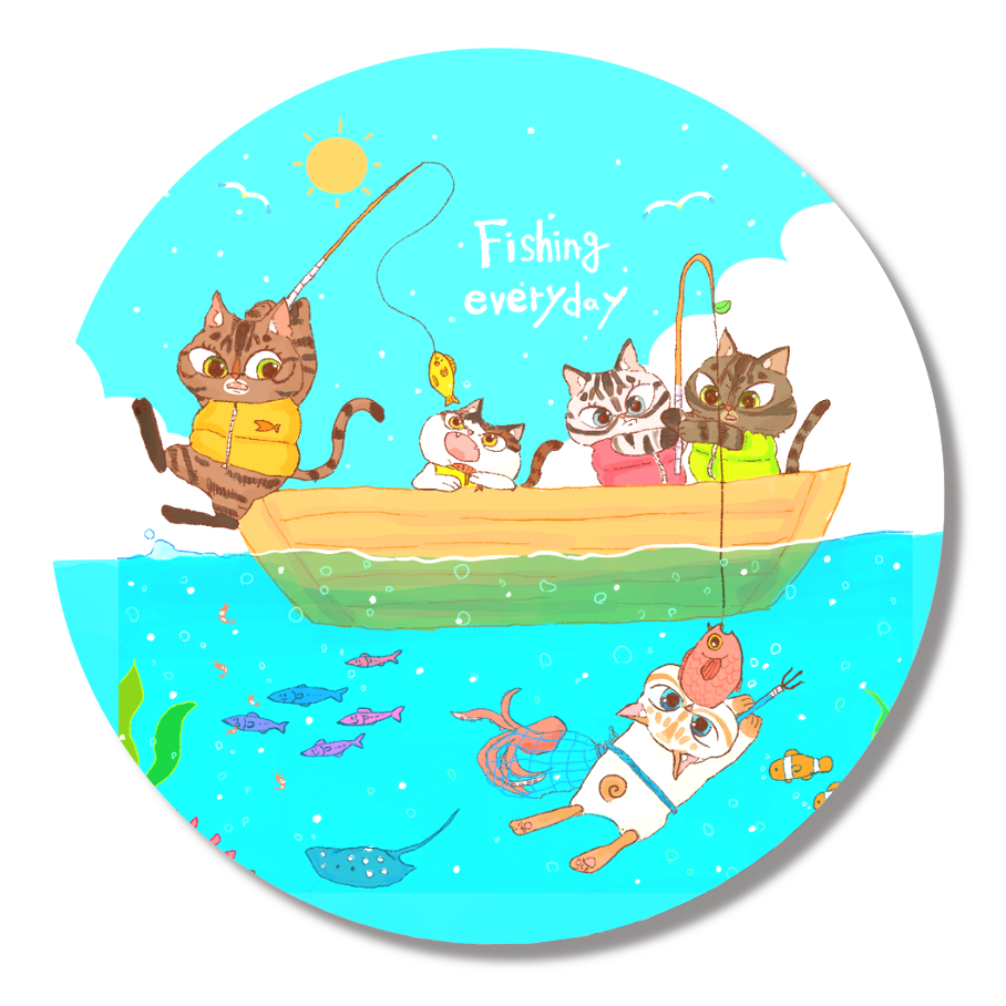 『Onekochan』の缶バッチ（釣りの日）56ｍｍ