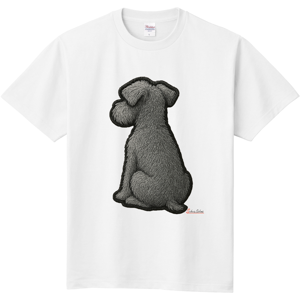 カワイイわんちゃんのＴシャツ（ミニチュアシュナウザーの後ろ姿　刺繍調）