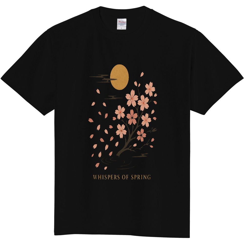 【WHISPERS OF SPRING】月と桜の上品な和アートTシャツ