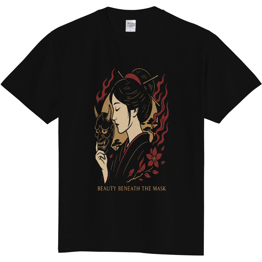 【BEAUTY BENEATH THE MASK】仮面の下の美を描いた和アートTシャツ