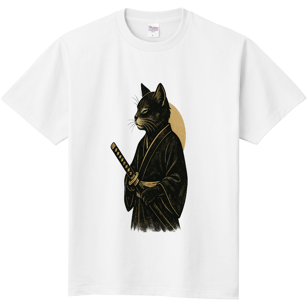 【THE SILENT SAMURAI CAT】月下に佇む侍猫の和モダンアートTシャツ