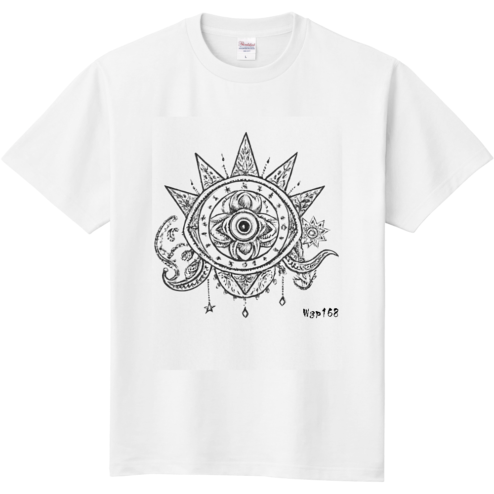 【魔除けのお守り】太陽の目と曼荼羅アート Tシャツ／白Tに映える神秘的な 白線画　#69
