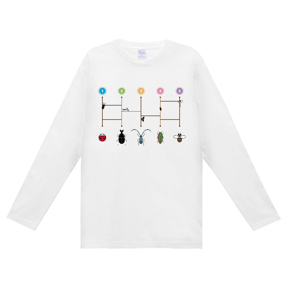 【昆虫あみだくじ】定番長袖Tシャツ（大デザイン）｜110cm〜3XL｜テントウムシ・カブトムシ・ルリボシカミキリ・タマムシ・ミツバチ