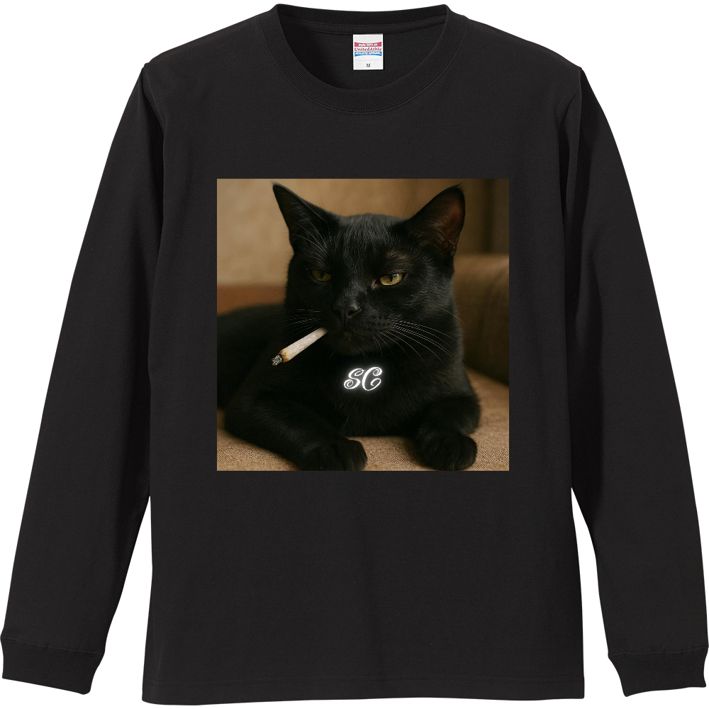 Smoking Culture 黒猫 ロゴ 家紋 ロンT ブラック