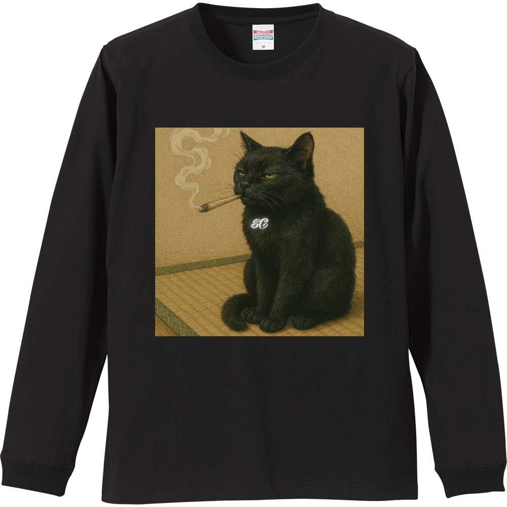 Smoking Culture 黒猫 ロゴ 家紋 ロンT ブラック