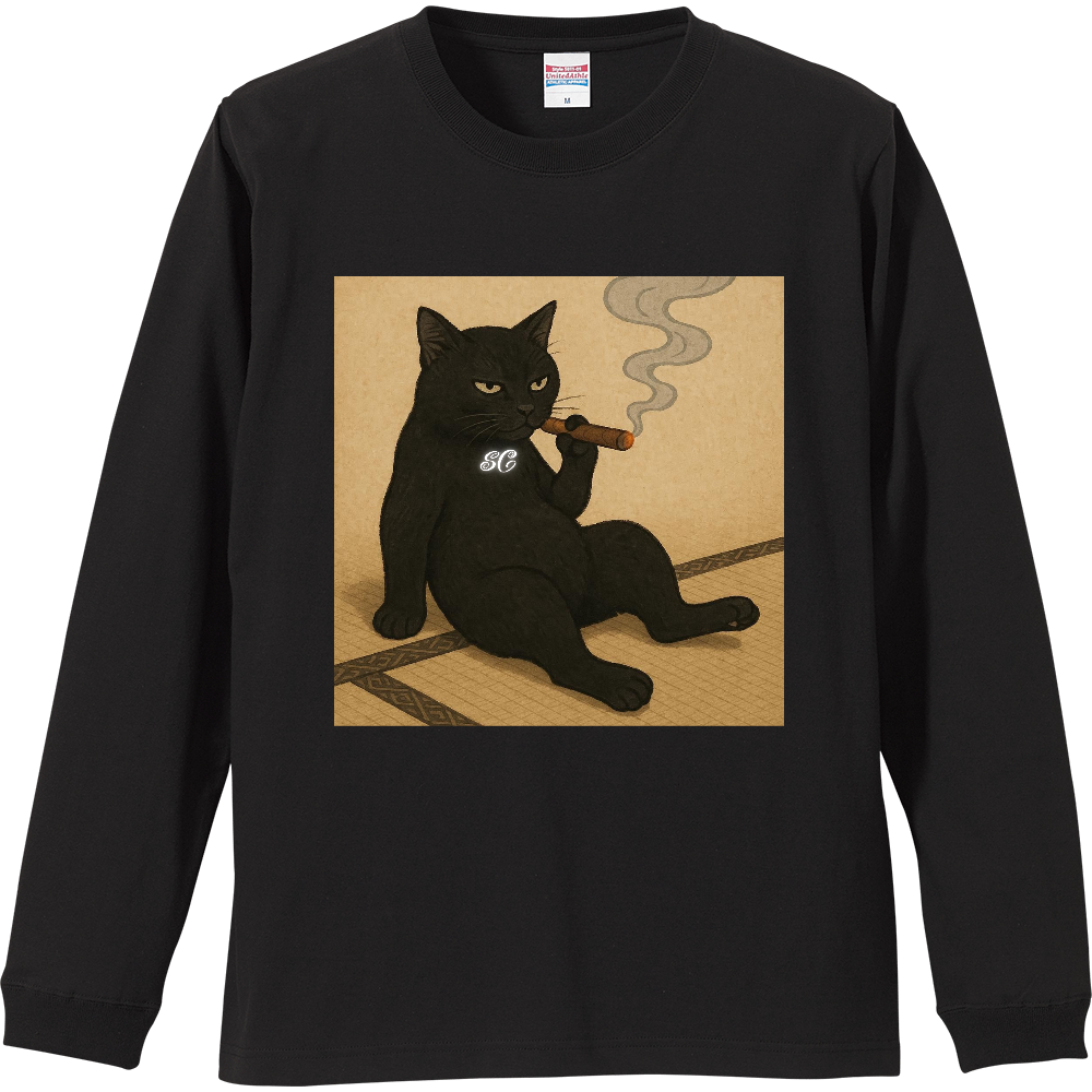 Smoking Culture 黒猫 ロゴ 家紋 ロンT ブラック
