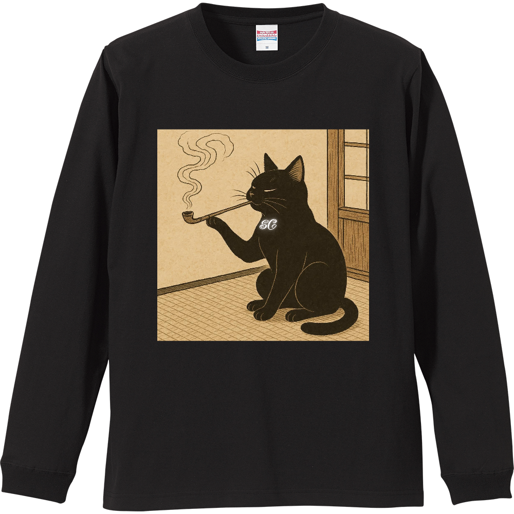 Smoking Culture 黒猫 ロゴ 家紋 ロンT ブラック