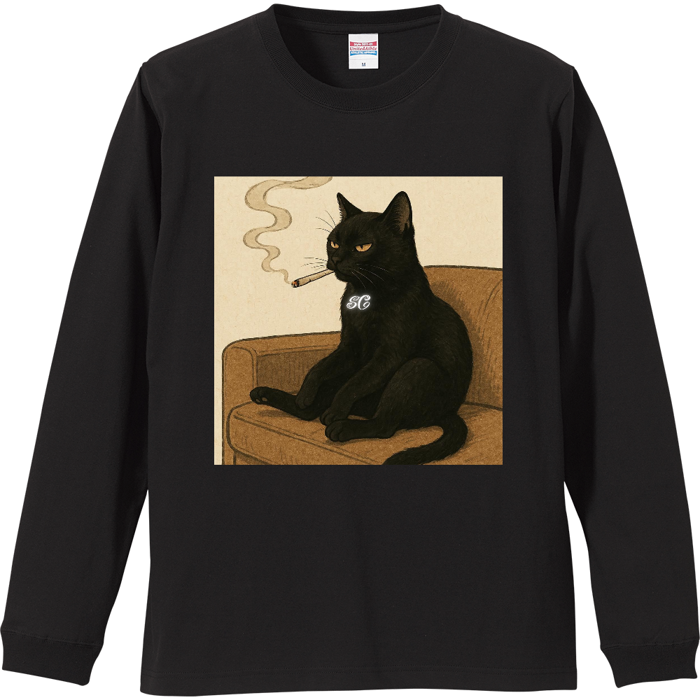 Smoking Culture 黒猫 ロゴ 家紋 ロンT ブラック