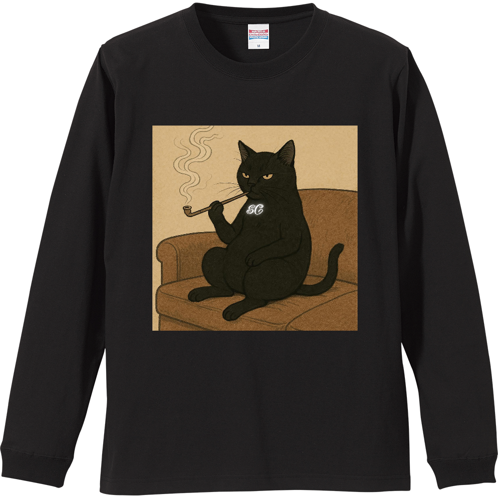 Smoking Culture 黒猫 ロゴ 家紋 ロンT ブラック