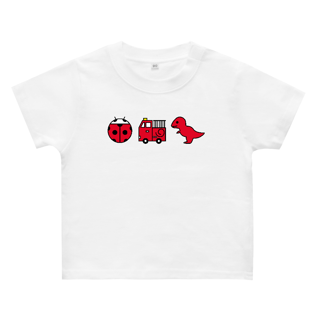 【赤いもの】ベビーTシャツ｜テントウムシ・消防車・ティラノサウルス