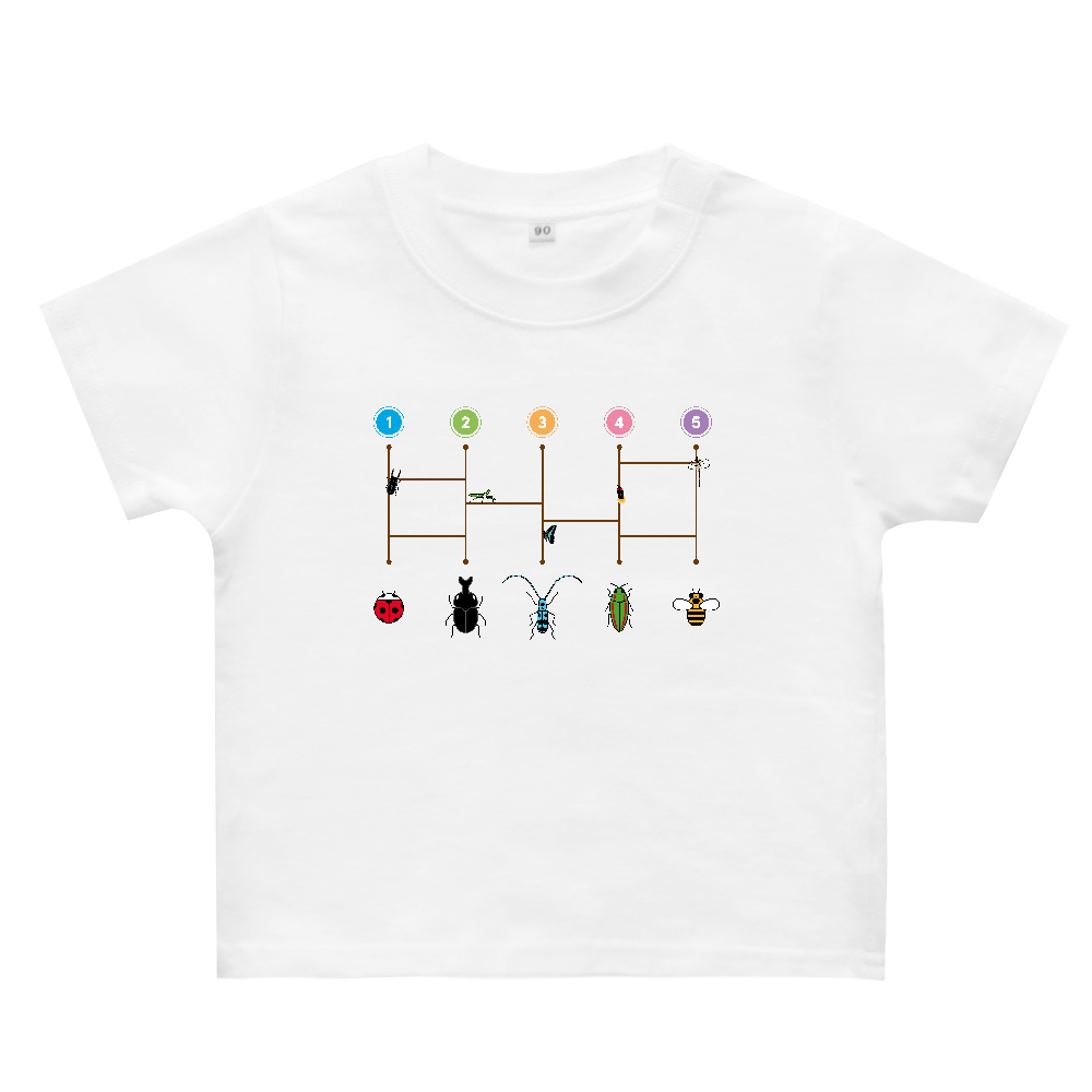 【昆虫あみだくじ】ベビーTシャツ｜テントウムシ・カブトムシ・ルリボシカミキリ・タマムシ・ミツバチ