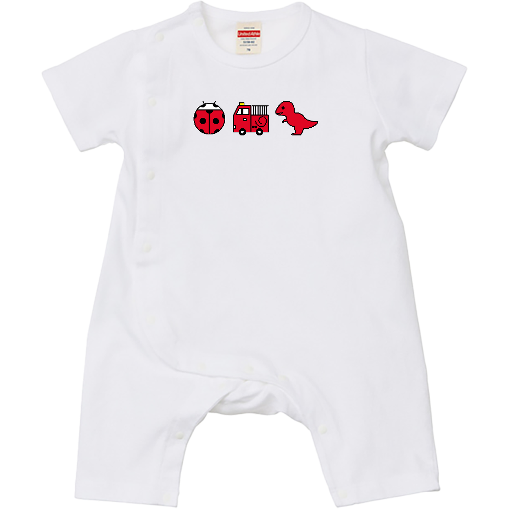 【赤いもの】ベビーロンパース|80cm|テントウムシ・消防車・ティラノサウルス