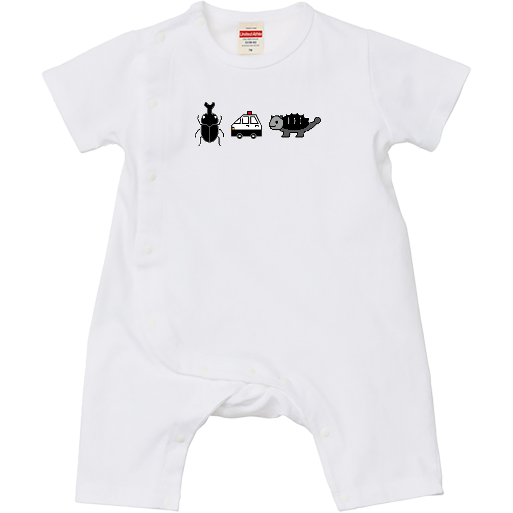【黒いもの】ベビーロンパース|80cm|カブトムシ・パトカー・アンキロサウルス