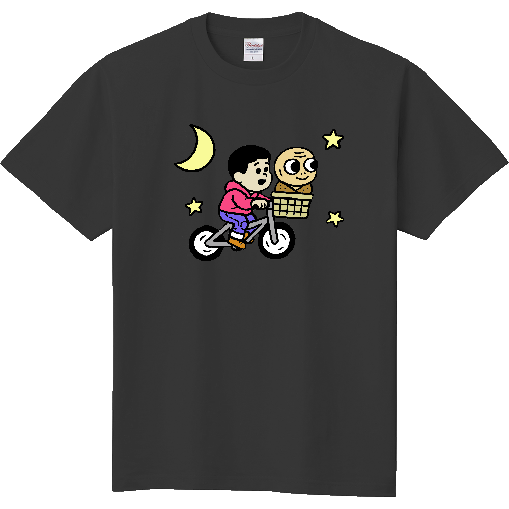 猿の赤ちゃんをカゴに乗せてサイクリングするＴシャツ