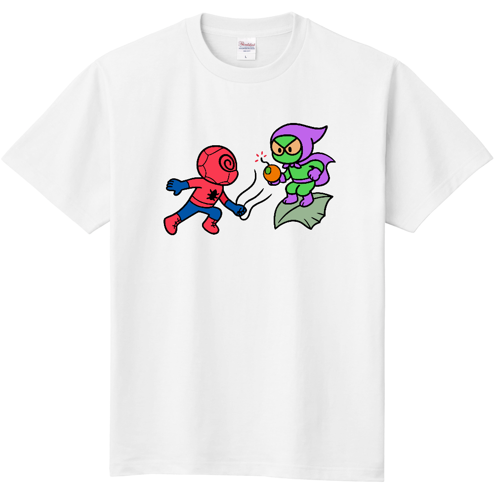 赤いヒーローと緑怪人の戦いＴシャツ