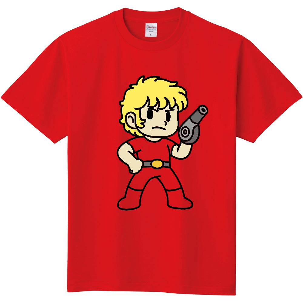 左腕が光線銃の男性のＴシャツ