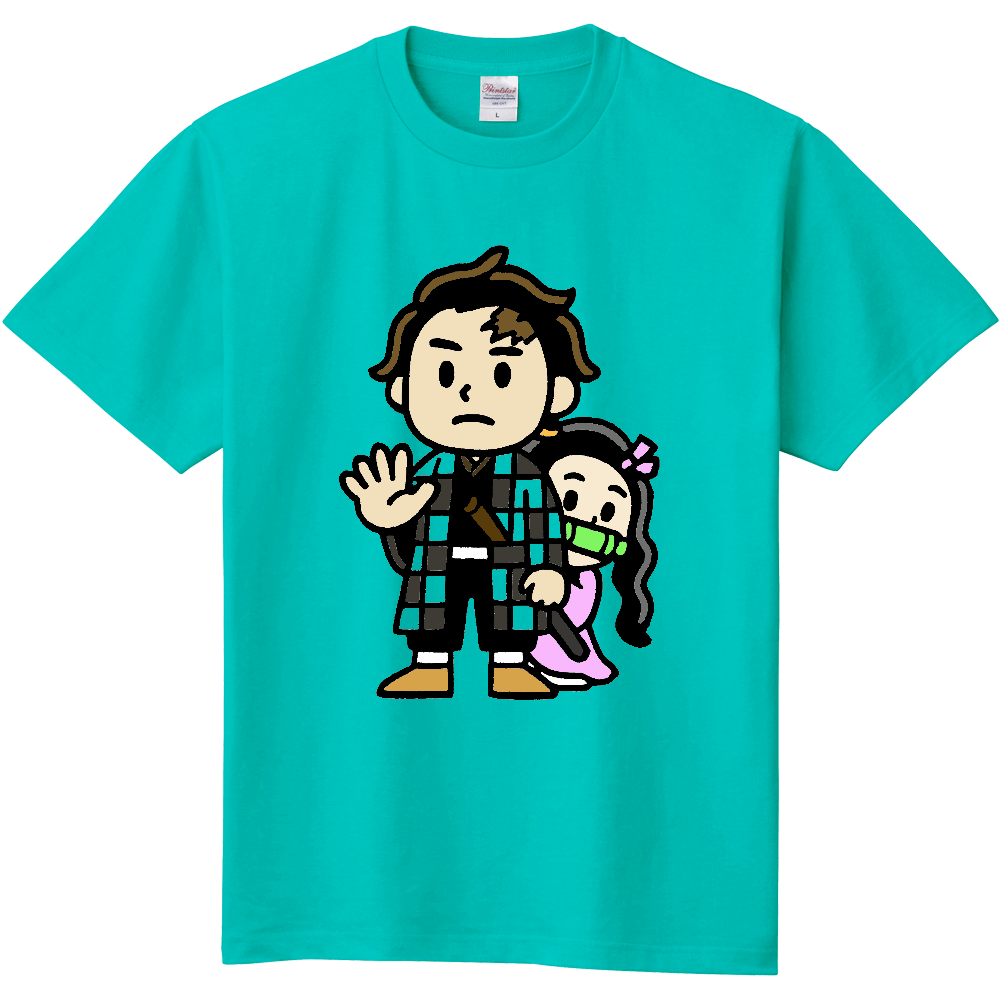 チェック着物を着た男の子とマスクの女の子のＴシャツ