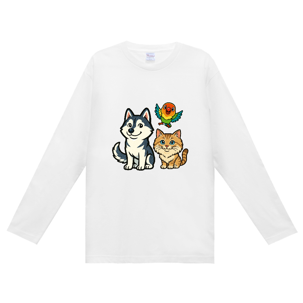 シベリアンハスキーと猫・インコ　長袖Ｔシャツ
