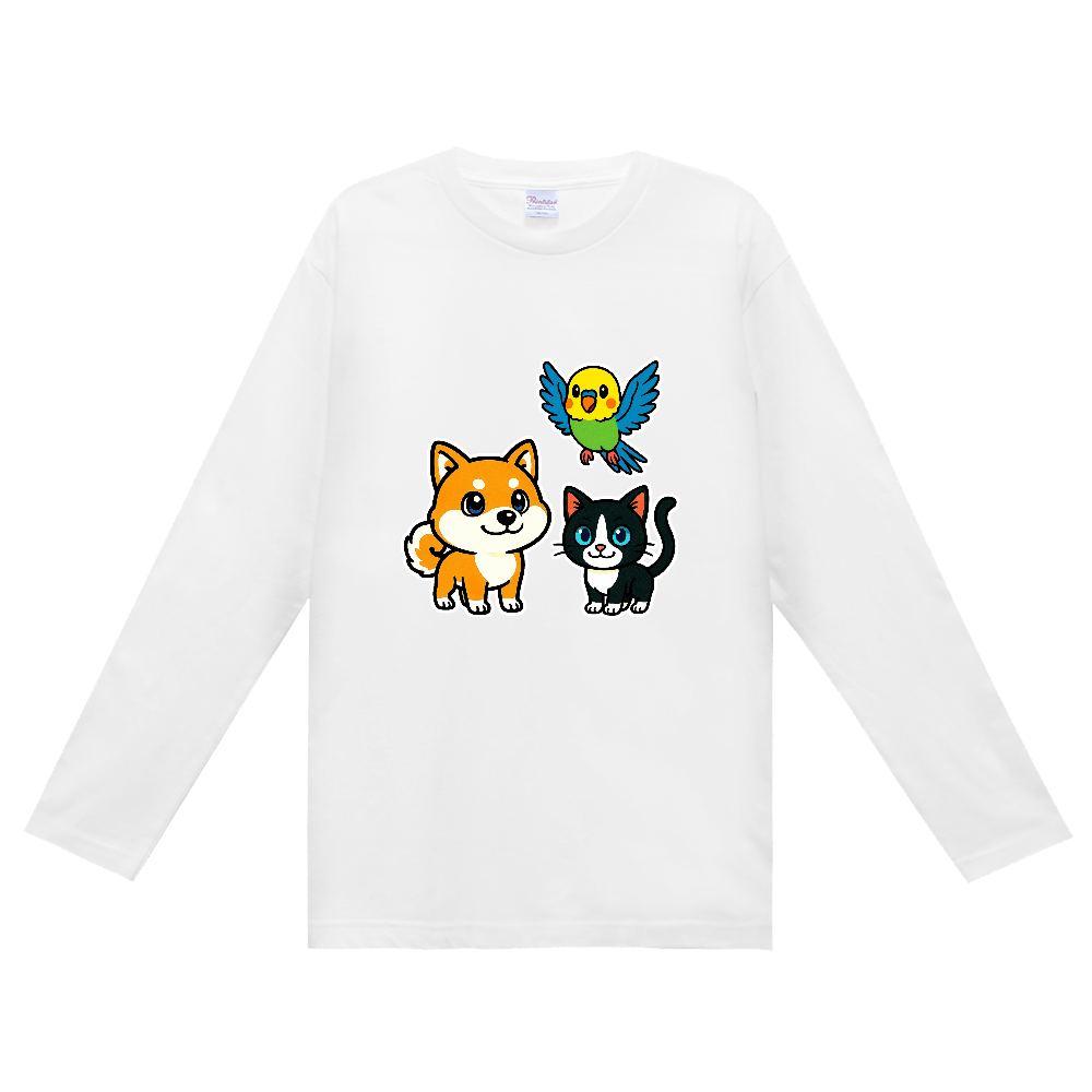 柴犬、はちわれ猫とインコ　長袖Ｔシャツ