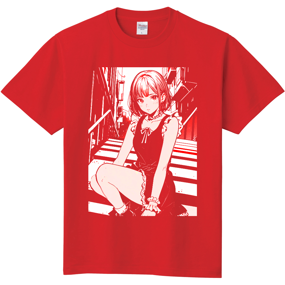 階段に座る女性のＴシャツ