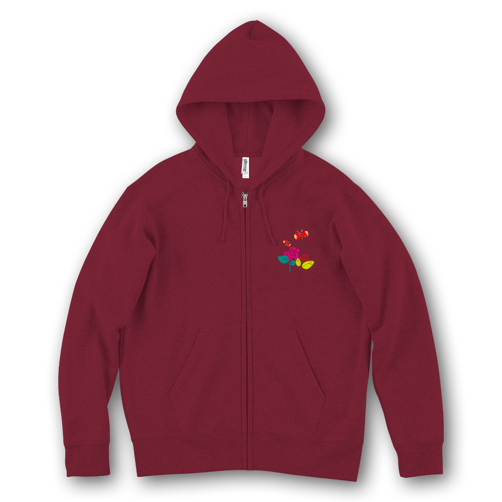 お花と蝶々　フリースパーカー　バーガンディ