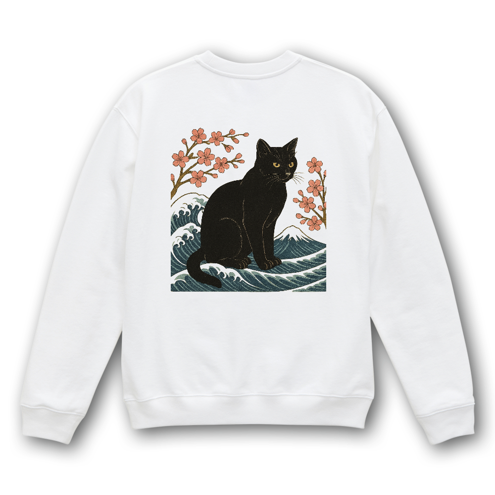 桜と波間の黒猫スウェット – Sakura Wave Black Cat