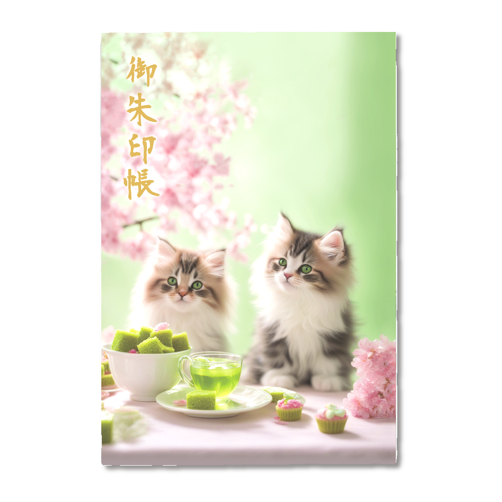 猫のティータイム♡桜グリーンティ♡御朱印帳(片面印刷)