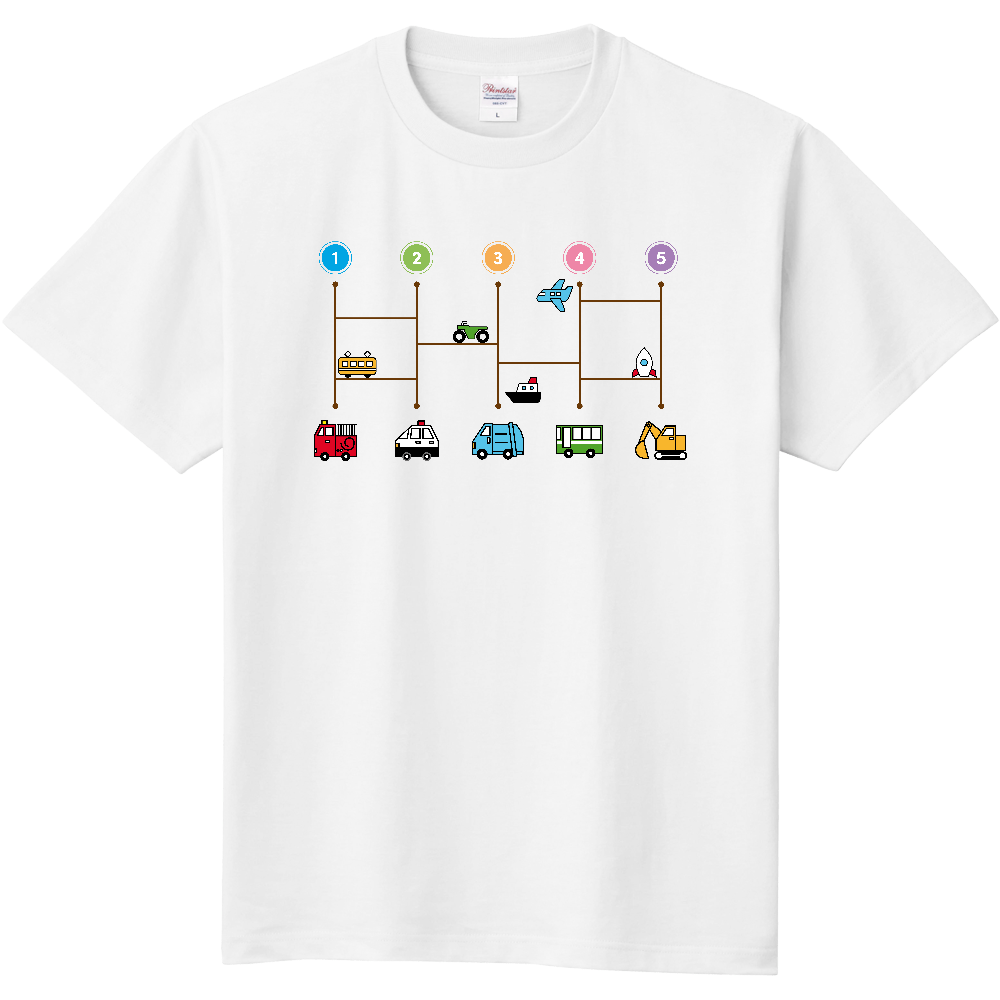 【乗り物あみだくじ】定番Tシャツ（大デザイン）｜120cm〜XXXL｜消防車・パトカー・ゴミ収集車・バス・ショベルカー