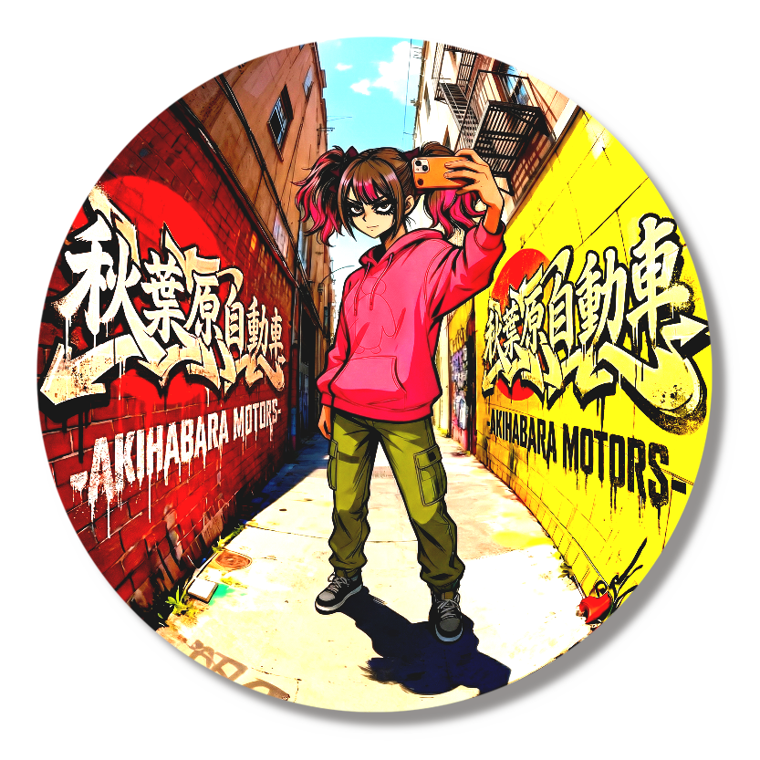 秋葉原モータースの顔、ピンクちゃん(缶バッジ)