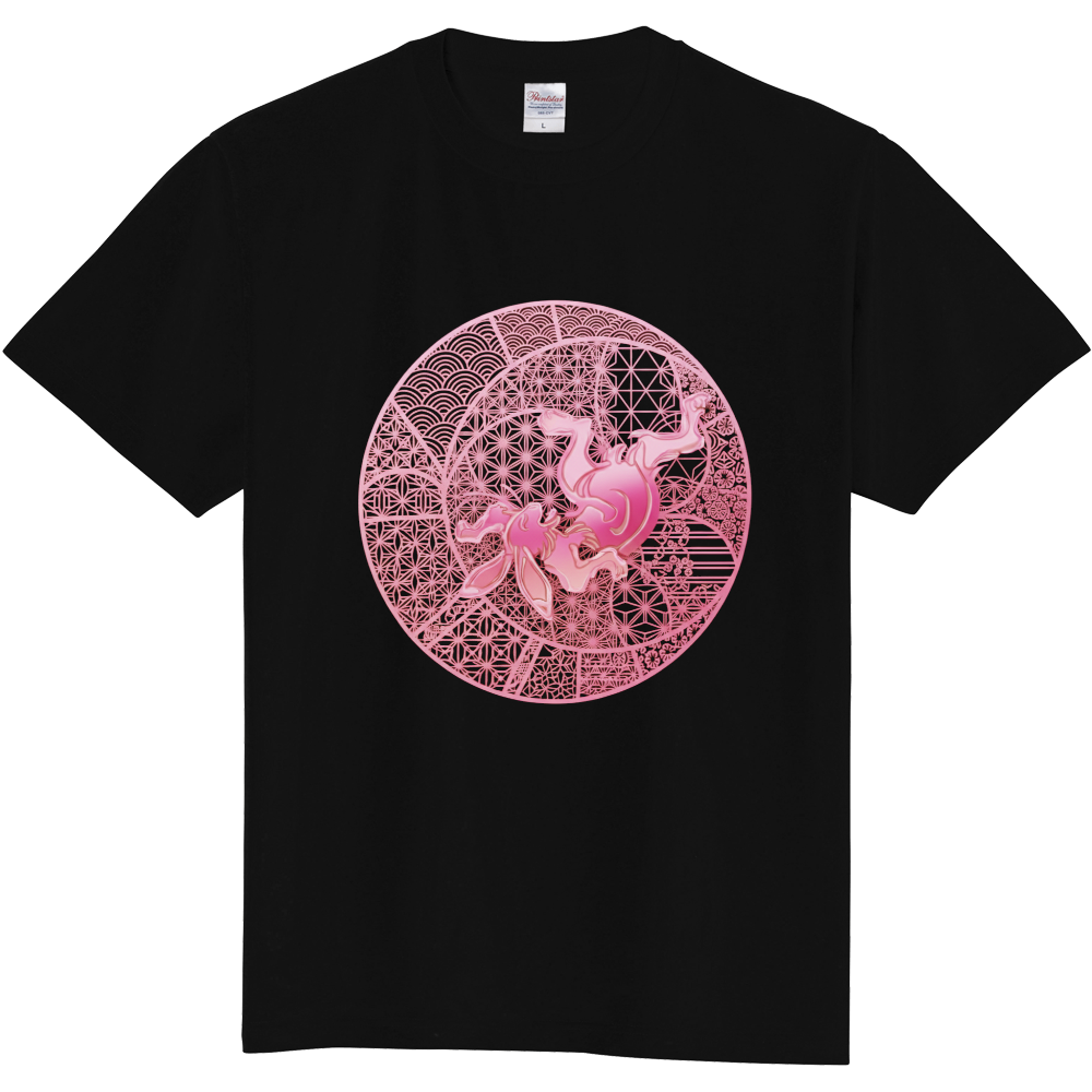 和柄 うさぎTシャツ 黒 ピンク【麻の葉・青海波】