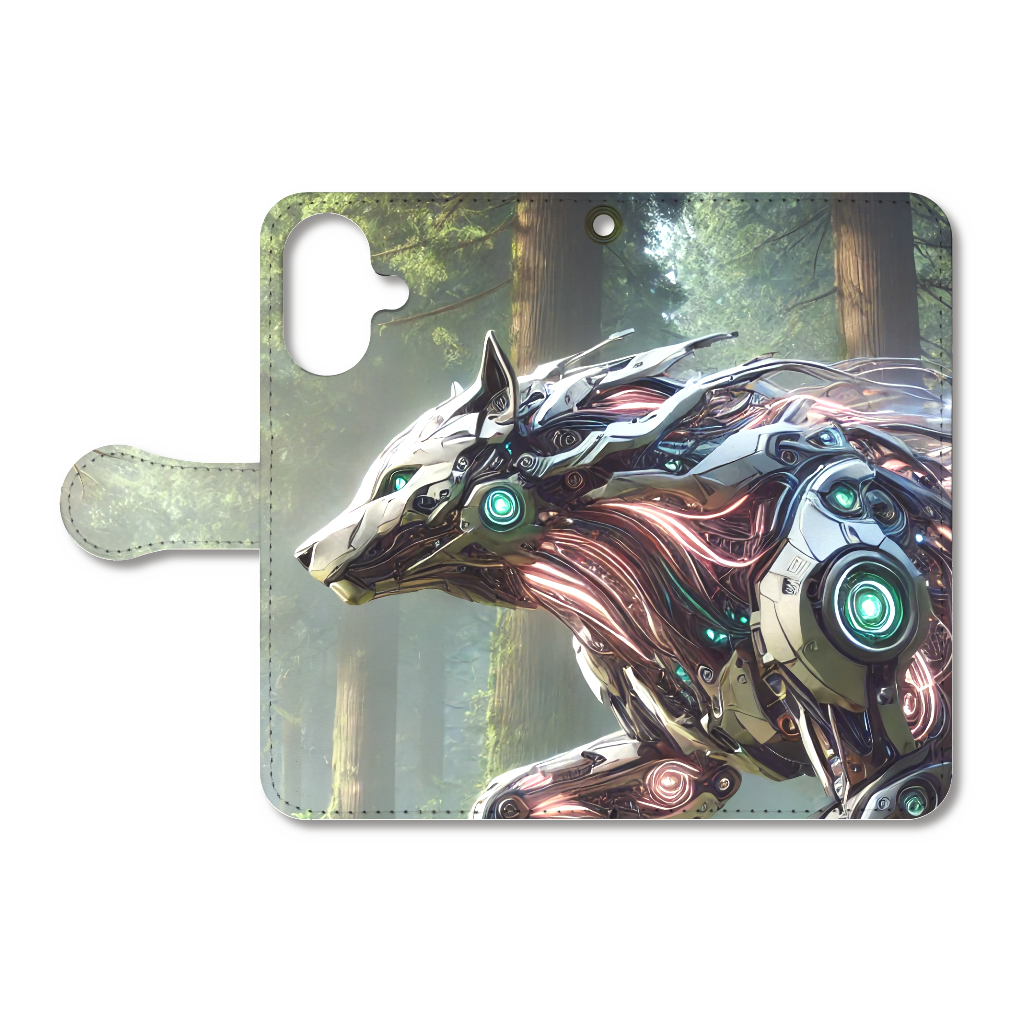 オオカミをモチーフにした機械生命体。手帳型ベルト付きiPhone16。商品の変更可能です。