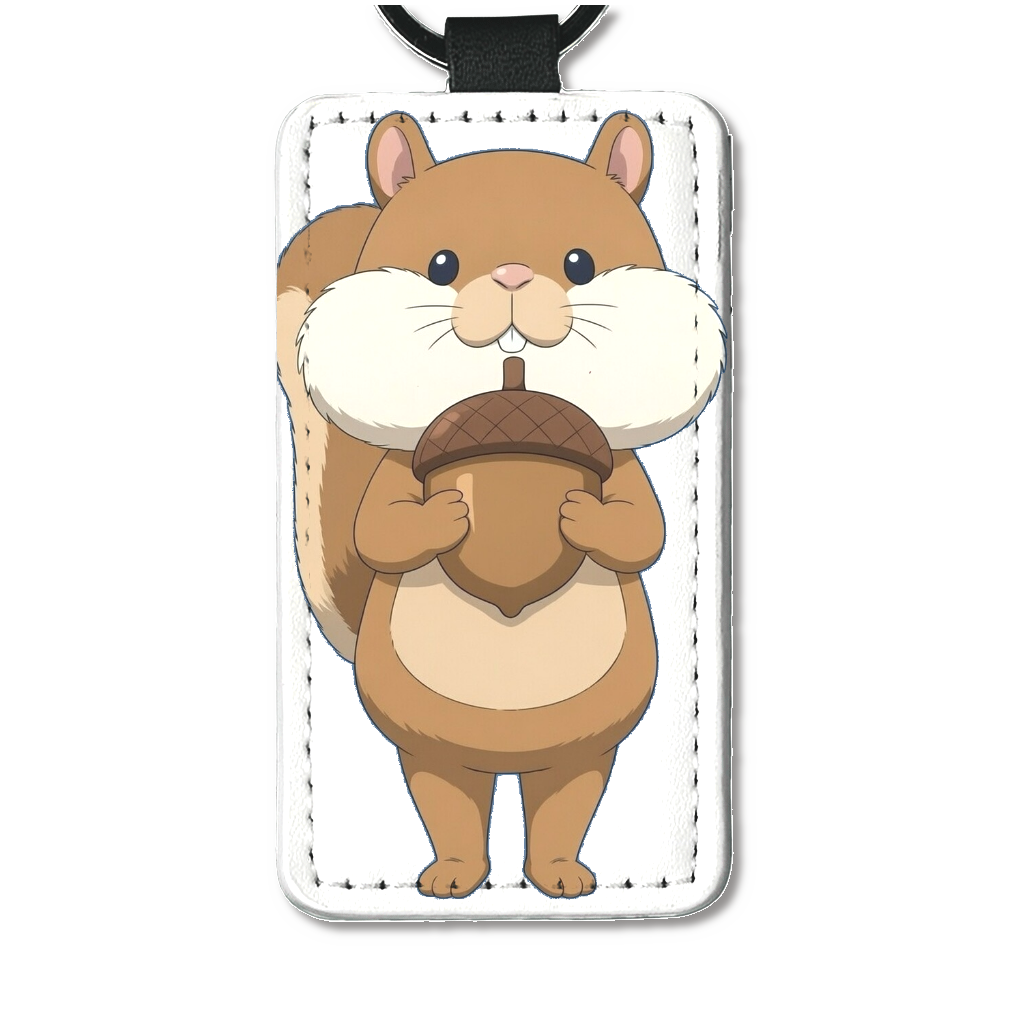 リスさんどんぐりPU製 合皮レザー タグキーホルダー 角型