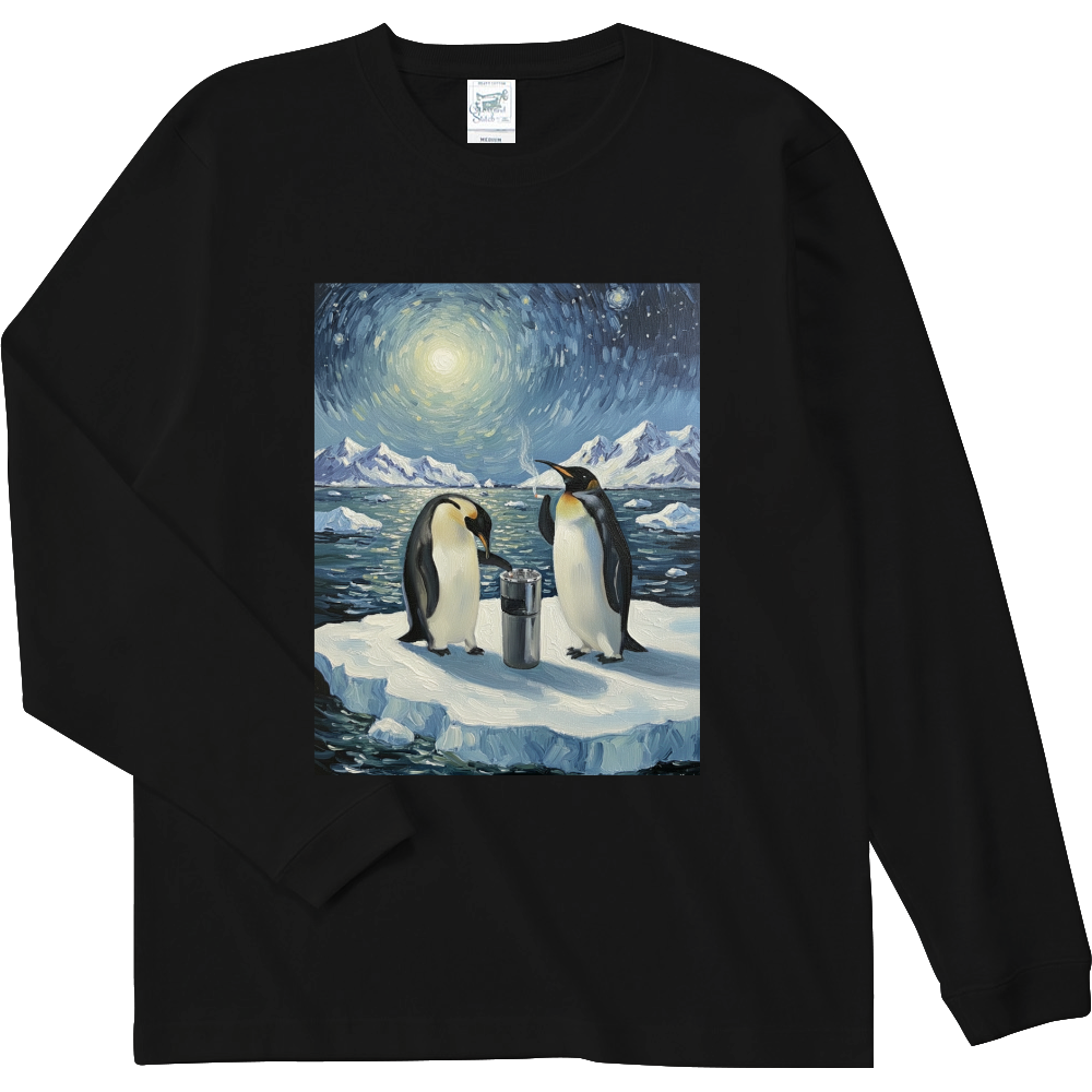 期間限定MAX厚手(6.1ｵﾝｽ)☆ちるペンギンの喫煙所  前プリントロンT（黒/ネイビー）