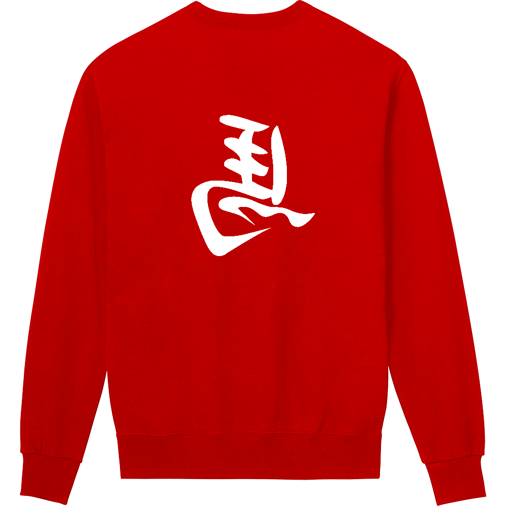 還暦祝いの勝負服 赤地に白字 背に毛筆体「開運左馬」