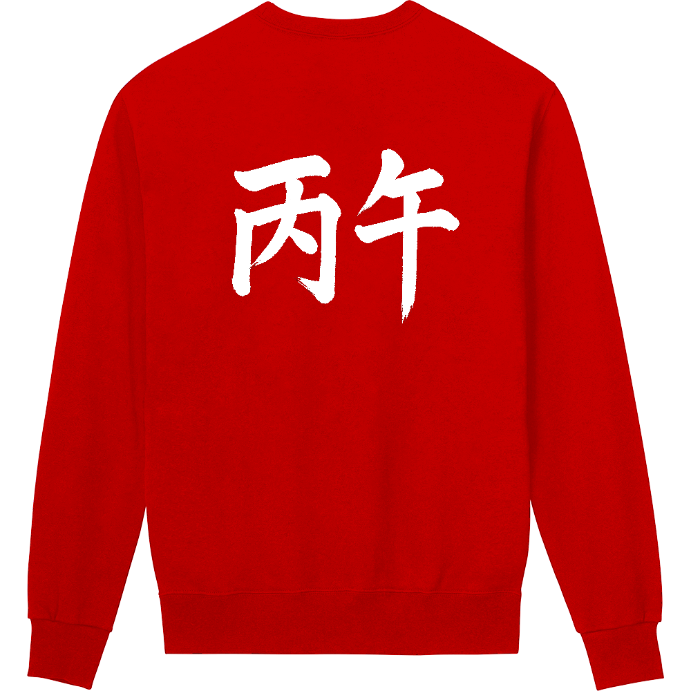 「 還暦祝いの勝負服 赤地に白字 背に毛筆体「丙午(ひのえうま)」」