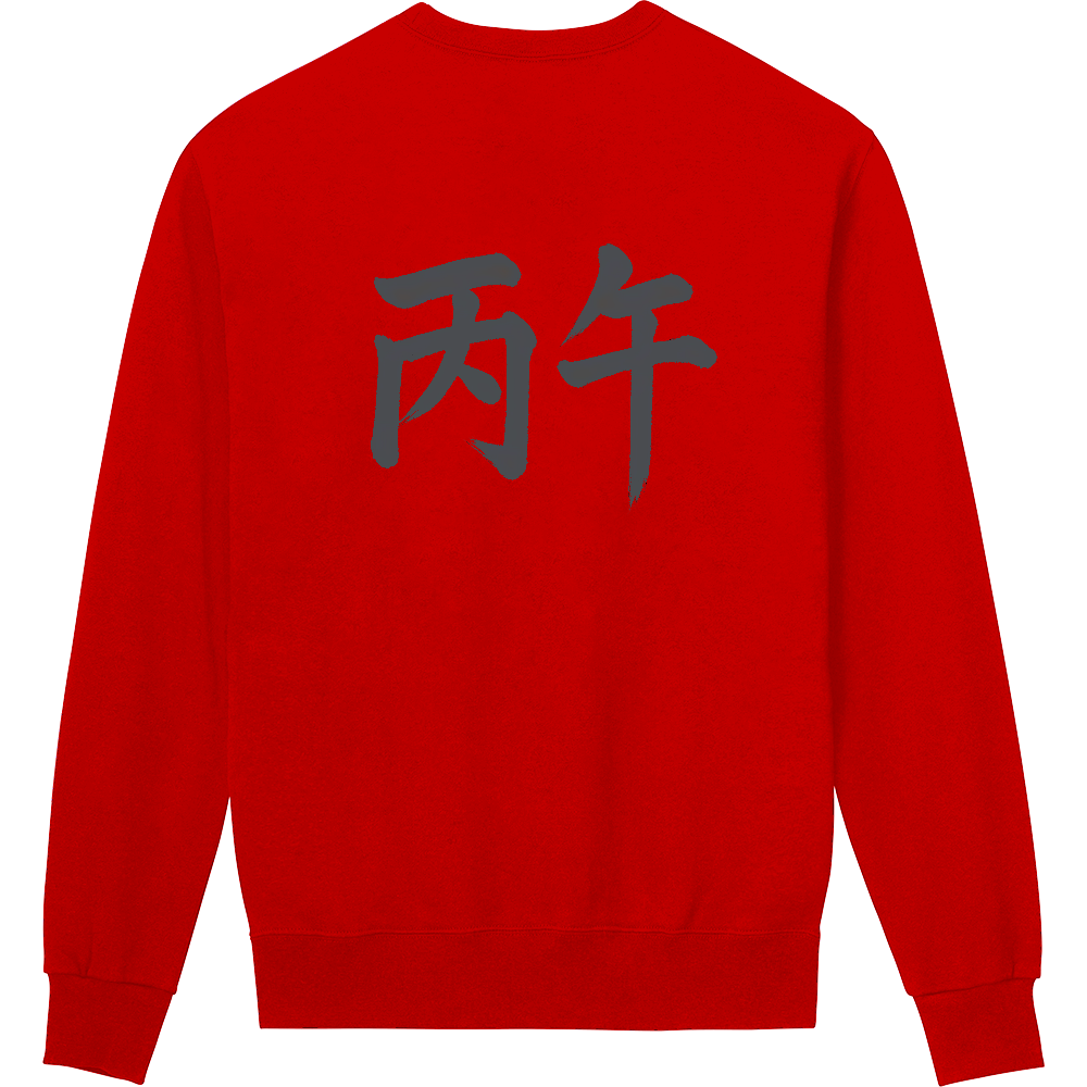 「 還暦祝いの勝負服 赤地に黒字 背に毛筆体「丙午(ひのえうま)」」