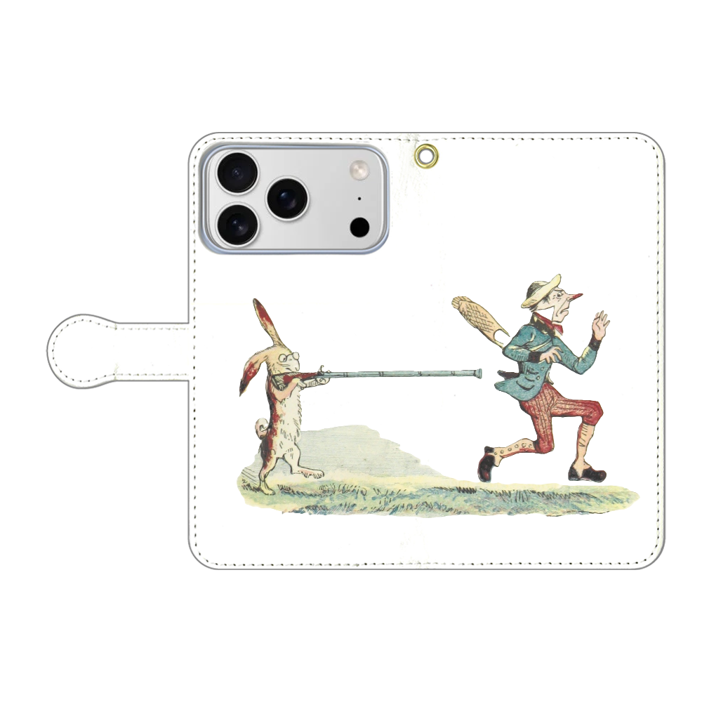 ウサギとおじさん 手帳型ベルト付きiPhone17 ProMax / ホワイト