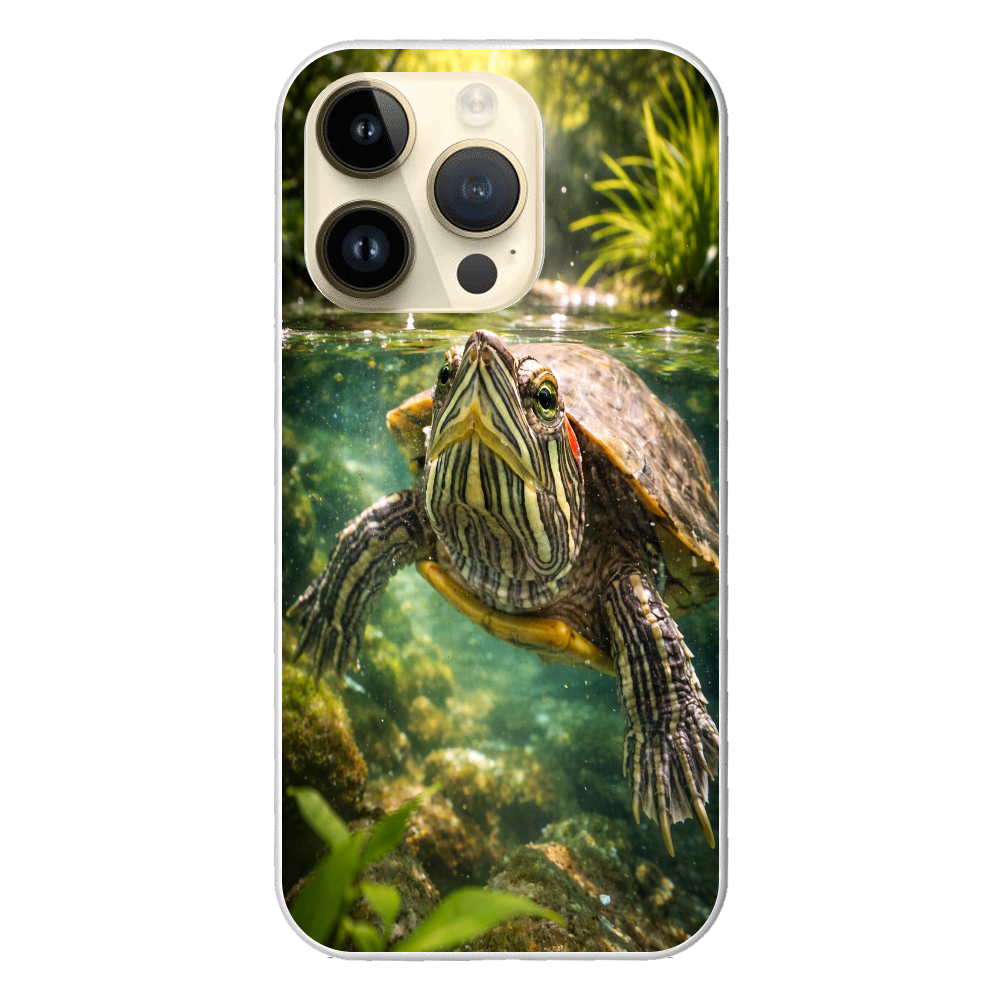 癒しのミドリガメ｜森の清流を泳ぐ スマホケースiPhone14 Pro スマホケース