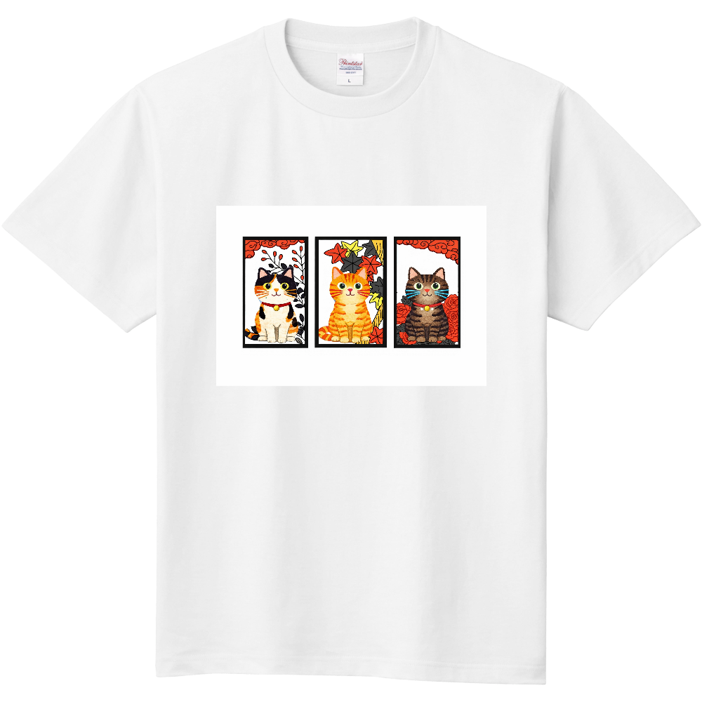 和風花札ねこ三連図Tシャツ