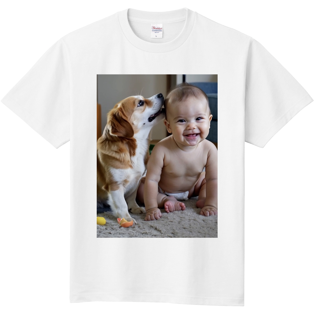 かわいい犬と赤ちゃんのTシャツ