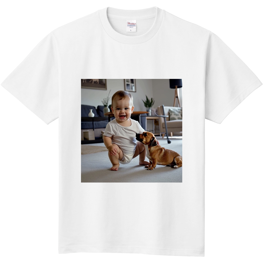 かわいい犬と赤ちゃんのTシャツ