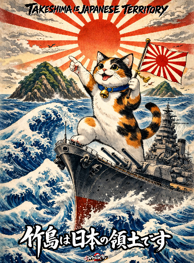 竹島と戦艦大和ネコTシャツ (フルイラスト)【WWUK TVオリジナルTシャツ